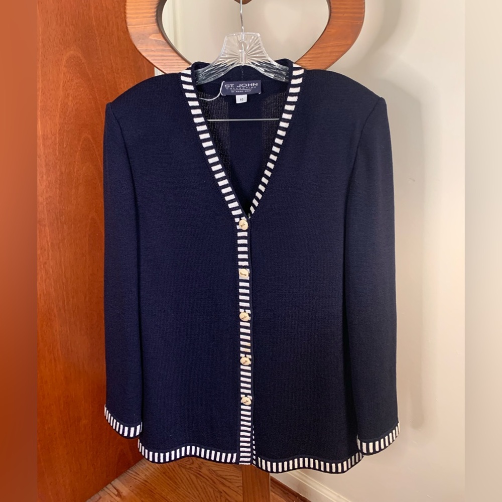 St. John by Marie Gray Cardigan/Blazer With Belt, Sz 10, Navy Blue/White